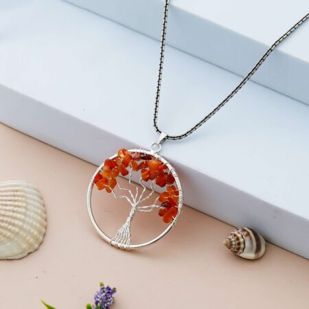 Carnelian Pendant Tree of Life Crystal Stone Pendant Locket with Metal Chain for  Healing Crystal Healing Gemstone Size 35-40 mm Carnelian